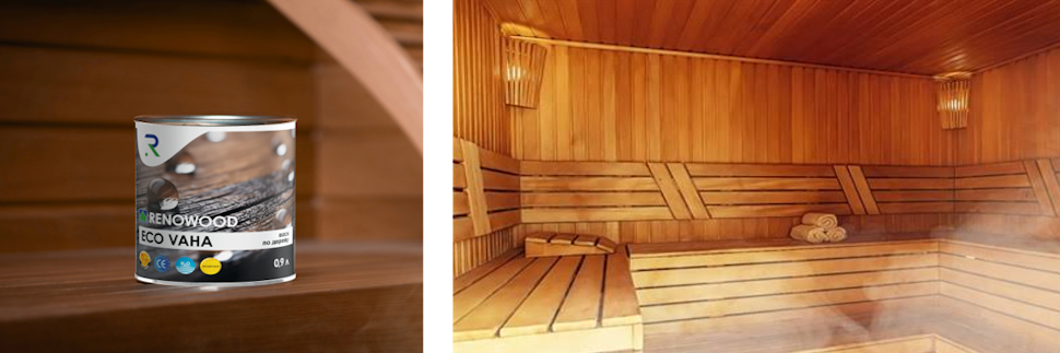 Банка покрытия Renowood EcoVaha и интерьер парной с деревянными полками
